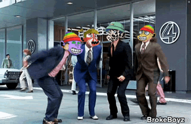 a group of men in suits are dancing in front of a building with a 4 on it