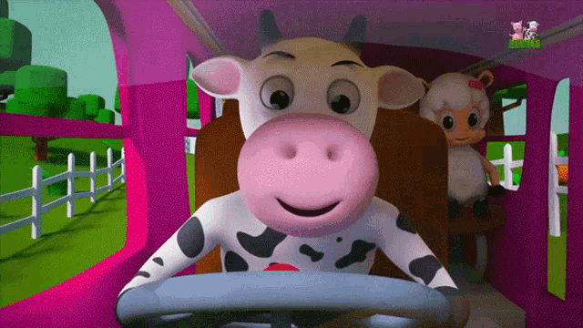 a cow with a pink nose is driving a car
