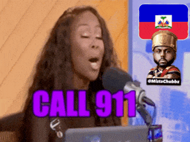 a woman speaking into a microphone with the words call 911 written in purple