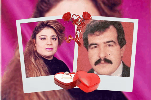 a picture of a man and a woman with a ring in a heart box