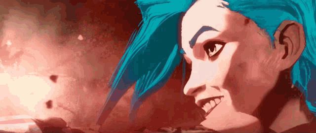 a cartoon character with blue hair is smiling and looking at the camera .