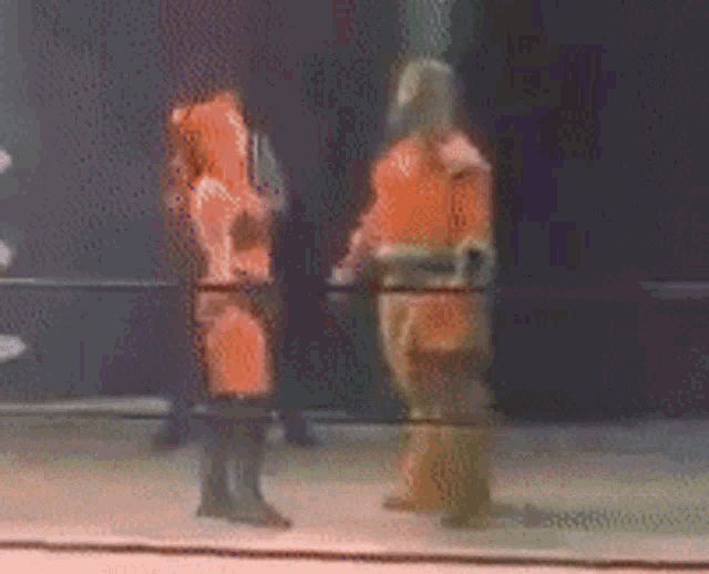 a blurry picture of two people standing in a wrestling ring