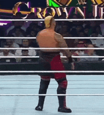 a wrestler is standing in the middle of a wrestling ring with a crowd watching .
