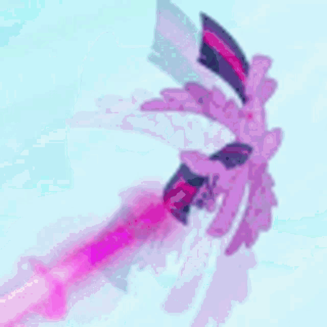 a purple pony is standing next to a pink sword on a blue background .