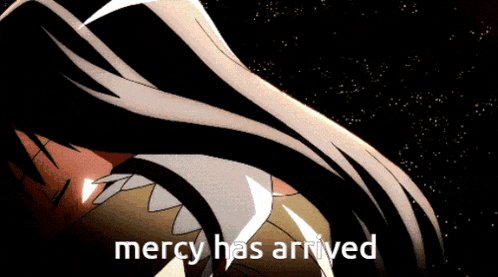a picture of a girl with purple eyes and the words mercy has arrived