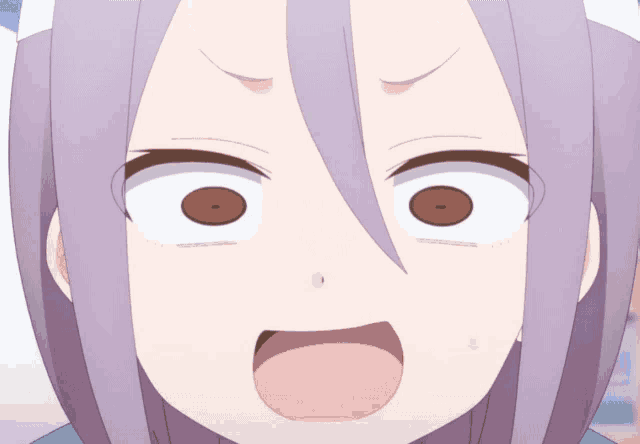 a close up of a cartoon character 's face with purple hair