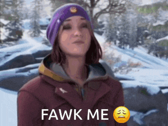 a woman wearing a purple beanie and a red jacket says fawk me