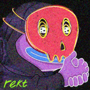 a drawing of a skull with a hand covering its mouth with the word rekt written below it