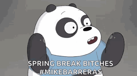 a panda bear from we bare bears is wearing a blue shirt and making a funny face .