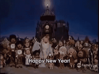 a group of cartoon characters are standing in front of a castle with the words " happy new year " written on the bottom