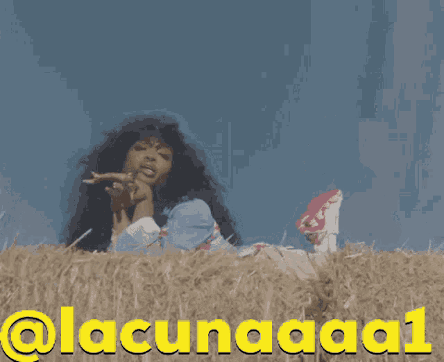 a woman is laying in a field with the words @ lacunaaa1 written below her