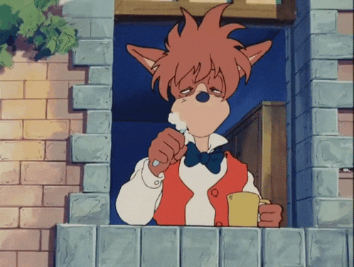 a cartoon character is brushing his teeth and holding a cup of coffee