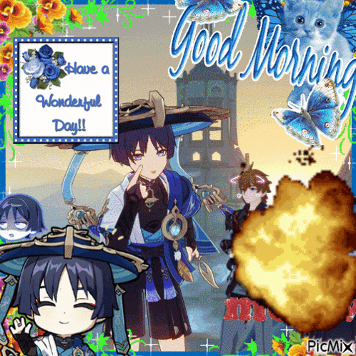 a good morning greeting card with cartoon characters and flowers