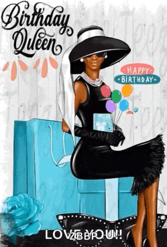 a woman in a black dress and hat is sitting on a box with balloons .