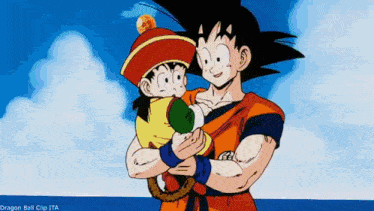 a man is holding a baby in his arms in a cartoon .
