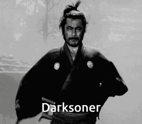 a black and white photo of a samurai with the word darksoner on the bottom right