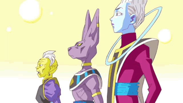 three cartoon characters are standing next to each other including a purple rabbit