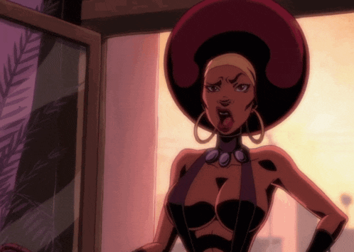 a cartoon drawing of a woman wearing a large hat and earrings