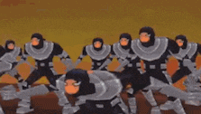a group of cartoon characters are standing next to each other with their mouths open