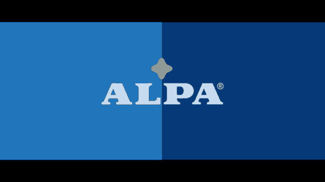 a blue and white alpa logo on a black background