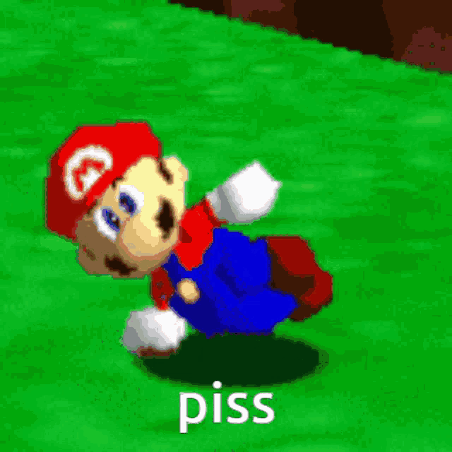 a cartoon of mario dancing in the grass with the word piss written on the bottom
