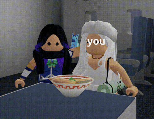 a cartoon character with a bowl of ramen and the word you written on her face