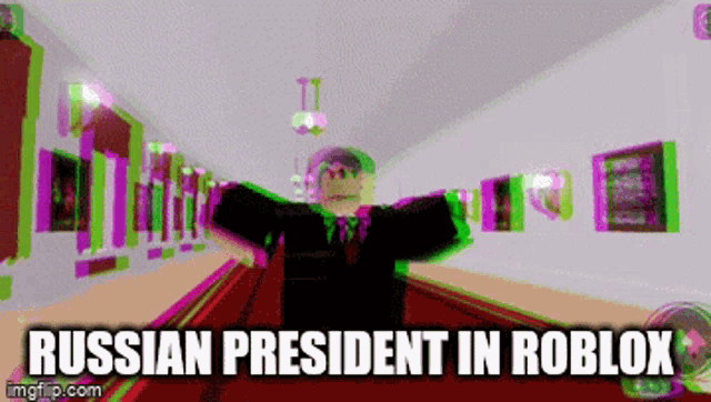 a russian president in roblox with his arms outstretched in a hallway