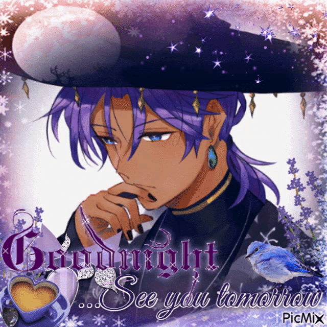 a picture of a man with purple hair and the words good night see you tomorrow