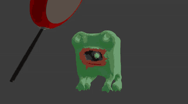 a green frog with a bloody mouth is being held by a red pan