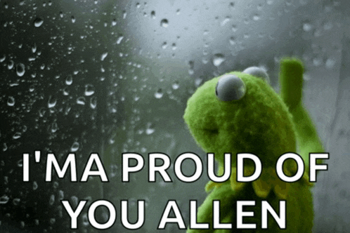 kermit the frog looking out a window with the words i 'm proud of you allen on the bottom