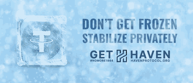 an advertisement for haven protocol shows a block of ice with a t on it