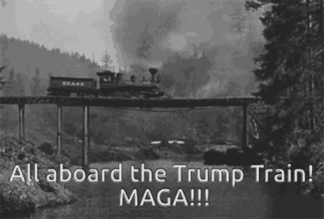 a black and white photo of a train on a bridge with the caption " all aboard the trump train maga "