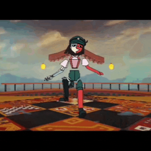 a cartoon character is dancing on a checkered floor in a video game .