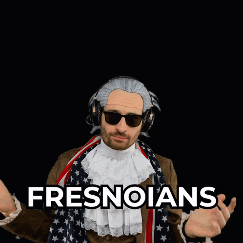 a man in a costume with the word fresnoians written on the bottom