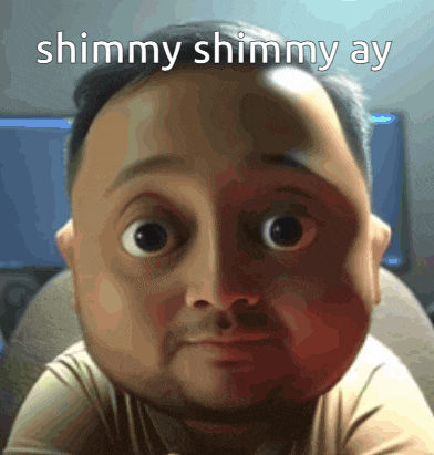 a close up of a man 's face with the words " shimmy shimmy ay " written above it