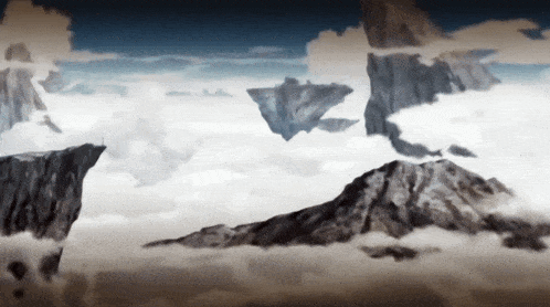 a painting of mountains in the clouds with a cliff in the foreground
