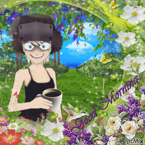 a picture of a girl holding a cup of coffee with the words " good morning " written on it