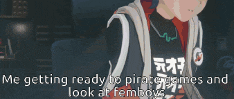 a pixel art drawing of a person with the words " me getting ready to pirate games and look at femboys "