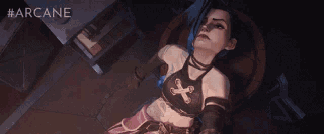 jinx from arcane is giving the middle finger .