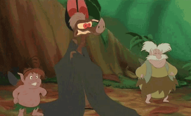 a group of cartoon characters standing next to each other in a jungle .