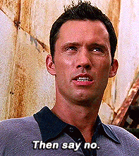 a man in a gray shirt says then say no .