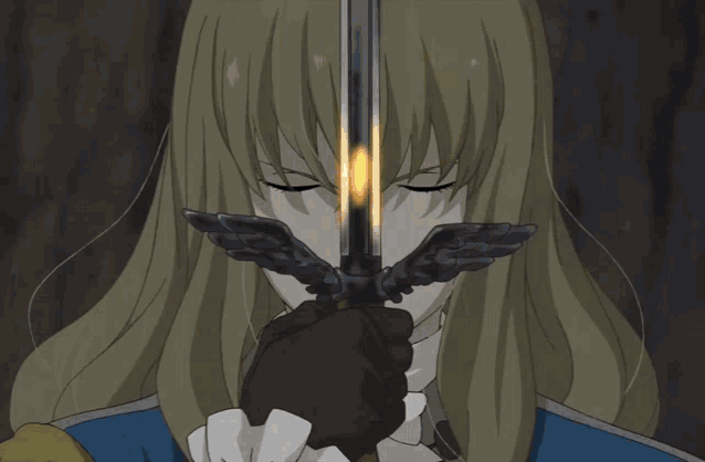 a man with long hair is holding a sword