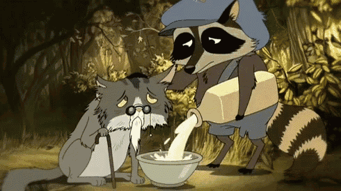 a raccoon is pouring milk into a bowl while a cat looks on