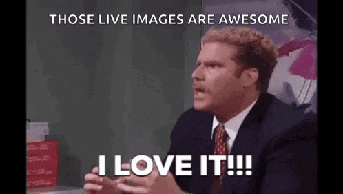 a man in a suit and tie is making a funny face and saying `` those live images are awesome '' .