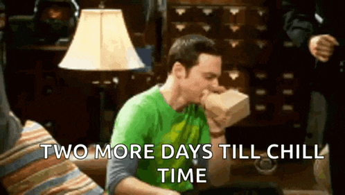 a man in a green shirt is sitting on a couch with a box in his mouth and the words `` two more days till chill time ''