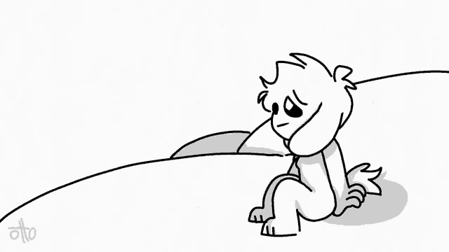 a black and white drawing of a cartoon character sitting on a hill