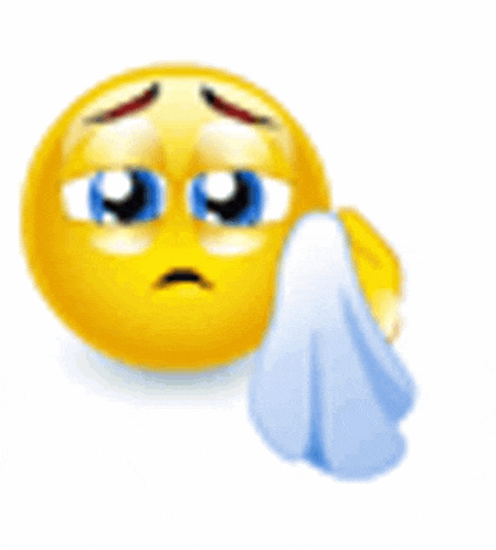 a sad smiley face is wiping his face with a blue cloth .