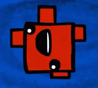 a cartoon drawing of a red object with two eyes and a mouth on a blue background