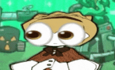 a cartoon character with big eyes is wearing a hat