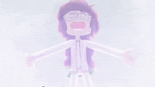 a cartoon character with purple hair and glasses is wearing a white suit .